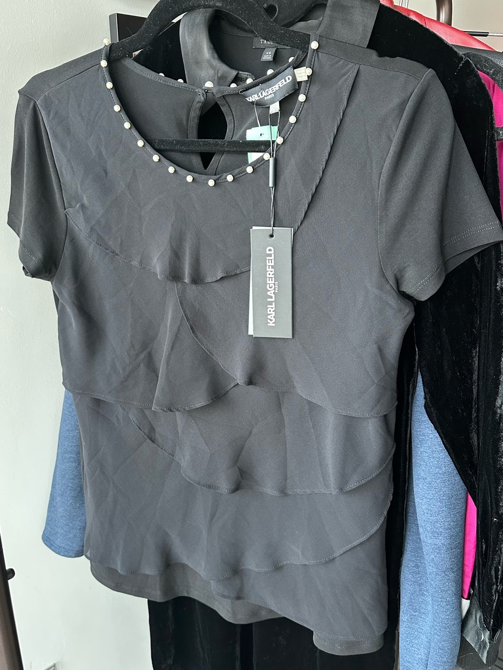 Karl Lagerfeld Black Short-Sleeve Ruffle Top with Pearled Neckline